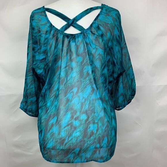 Express Green and Blue print sheer blouse - Picture 3 of 4